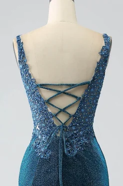 Glitter Vestido de Baile de Formatura Azul Escuro Sereia com Missangas