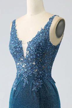 Glitter Vestido de Baile de Formatura Azul Escuro Sereia com Missangas
