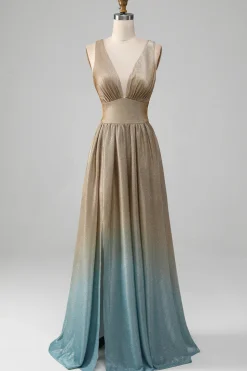 Glitter V-Neck Vestido de Baile de Formatura Dourado com Fenda