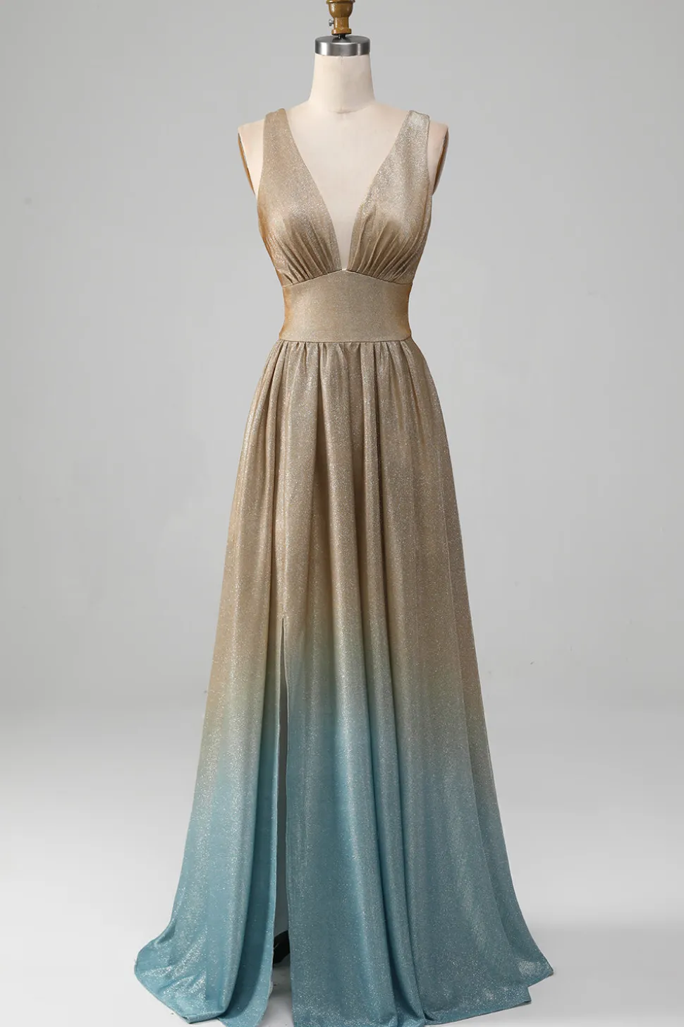 Glitter V-Neck Vestido de Baile de Formatura Dourado com Fenda