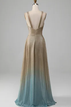 Glitter V-Neck Vestido de Baile de Formatura Dourado com Fenda