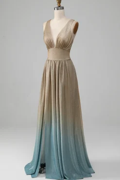 Glitter V-Neck Vestido de Baile de Formatura Dourado com Fenda