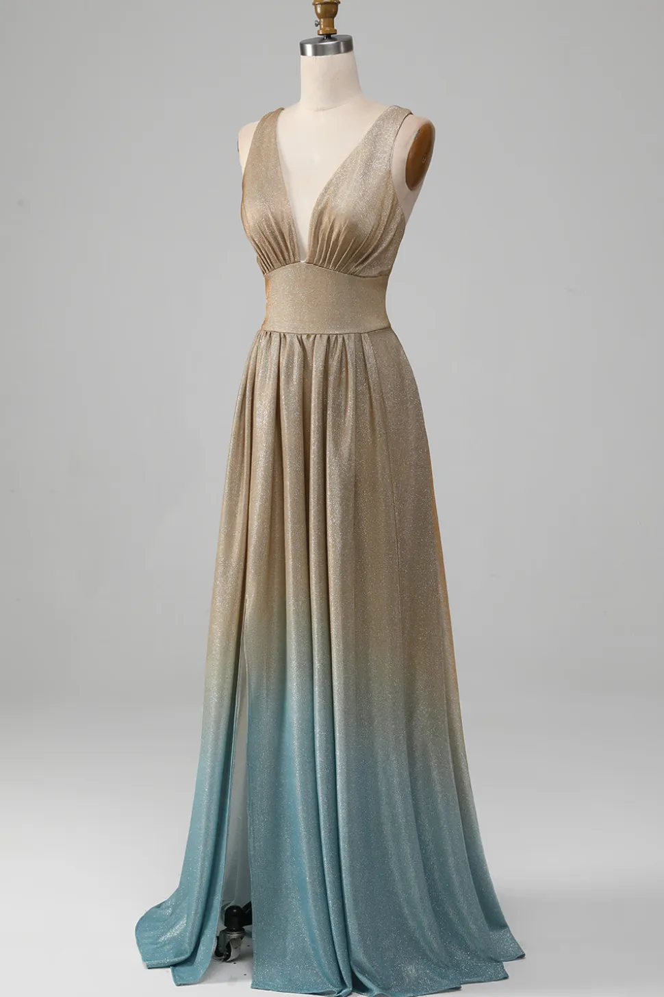 Glitter V-Neck Vestido de Baile de Formatura Dourado com Fenda