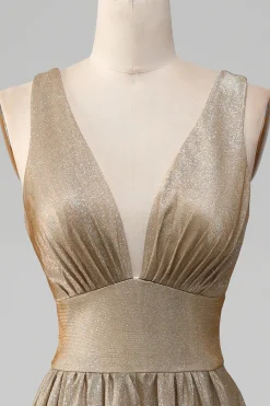 Glitter V-Neck Vestido de Baile de Formatura Dourado com Fenda
