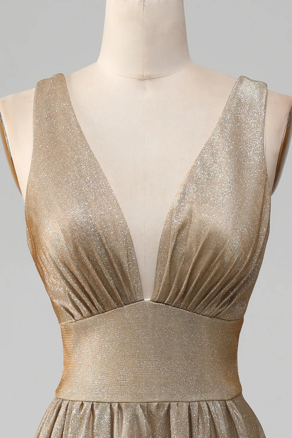 Glitter V-Neck Vestido de Baile de Formatura Dourado com Fenda