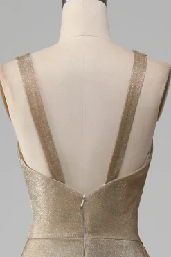 Glitter V-Neck Vestido de Baile de Formatura Dourado com Fenda
