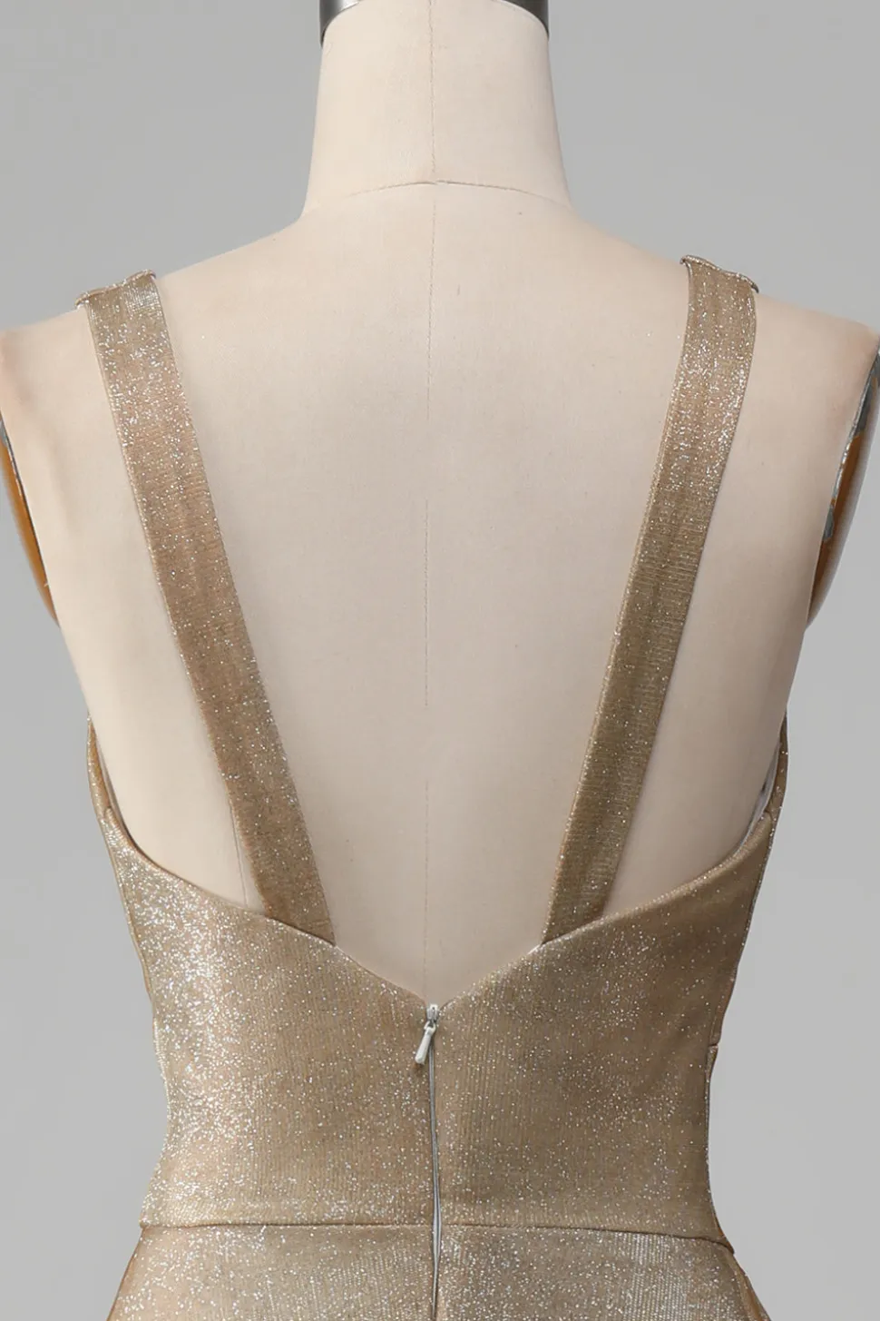 Glitter V-Neck Vestido de Baile de Formatura Dourado com Fenda