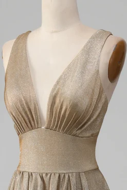 Glitter V-Neck Vestido de Baile de Formatura Dourado com Fenda