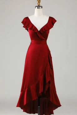 Gola em V Borgonha Vestido de Dama de Honor