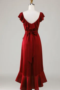Gola em V Borgonha Vestido de Dama de Honor