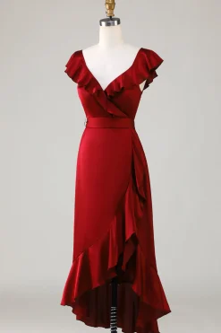 Gola em V Borgonha Vestido de Dama de Honor