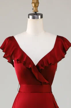 Gola em V Borgonha Vestido de Dama de Honor