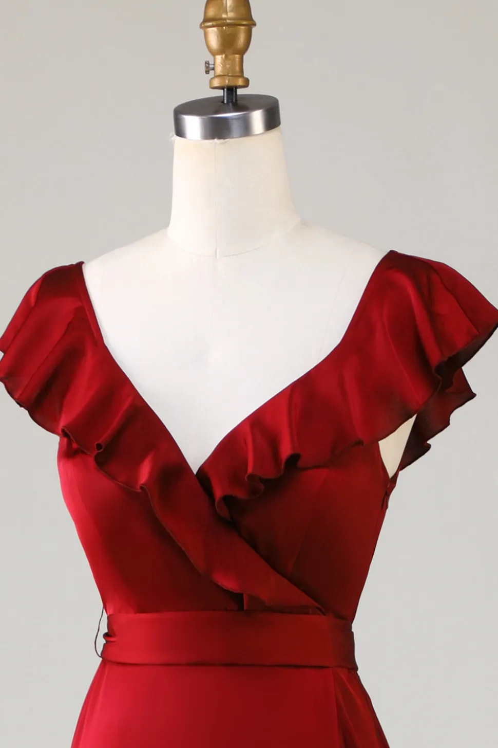 Gola em V Borgonha Vestido de Dama de Honor