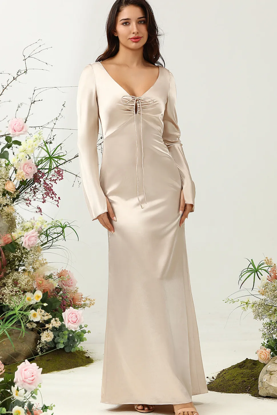 Gola em V Champanhe Vestido da Dama de Honor
