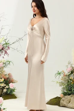 Gola em V Champanhe Vestido da Dama de Honor