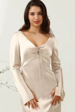 Gola em V Champanhe Vestido da Dama de Honor