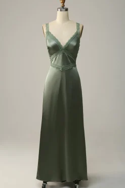Gola em V Dusty Verde Vestido de Dama de Honor Renda