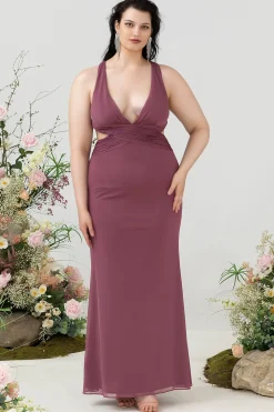 Gola em V Rosa de Deserto Vestido Cerimónia Tamanho Grande