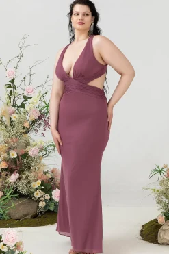 Gola em V Rosa de Deserto Vestido Cerimónia Tamanho Grande