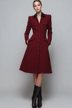 Gola Pescoço Borgonha Midi Uma Linha Cetim Vestido de Trabalho