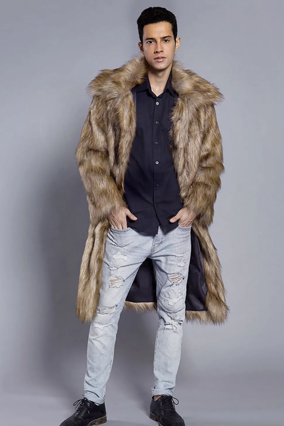 Gola Polo Castanho Frontal Aberta Maxi Faux Fur Coat