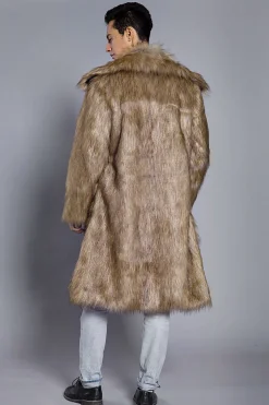 Gola Polo Castanho Frontal Aberta Maxi Faux Fur Coat