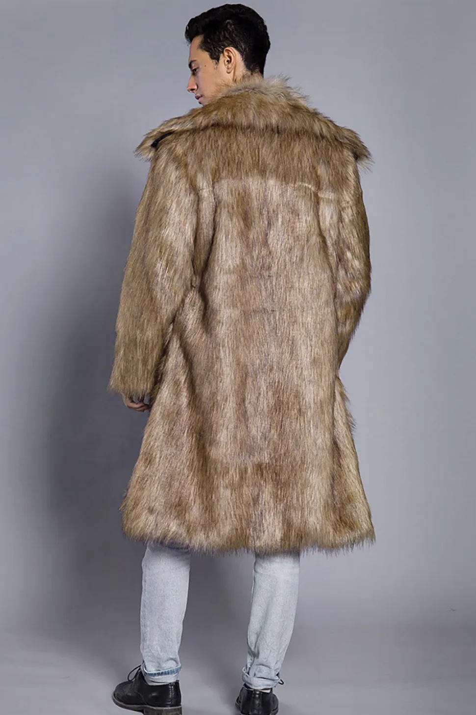 Gola Polo Castanho Frontal Aberta Maxi Faux Fur Coat