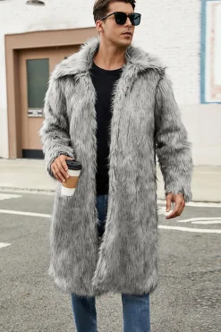 Gola Polo Castanho Frontal Aberta Maxi Faux Fur Coat