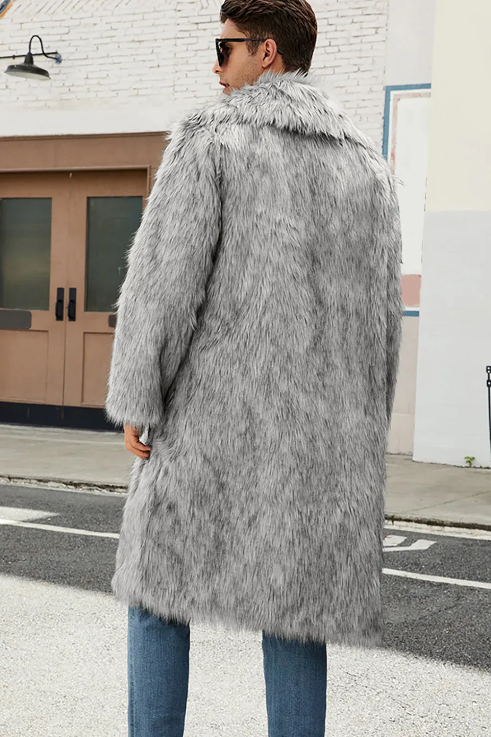 Gola Polo Castanho Frontal Aberta Maxi Faux Fur Coat