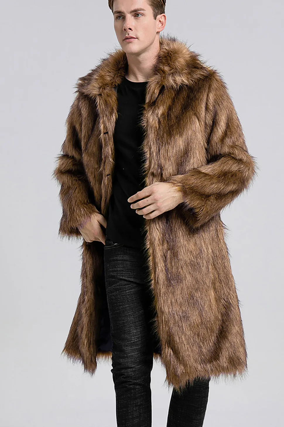 Gola Polo Castanho Frontal Aberta Maxi Faux Fur Coat