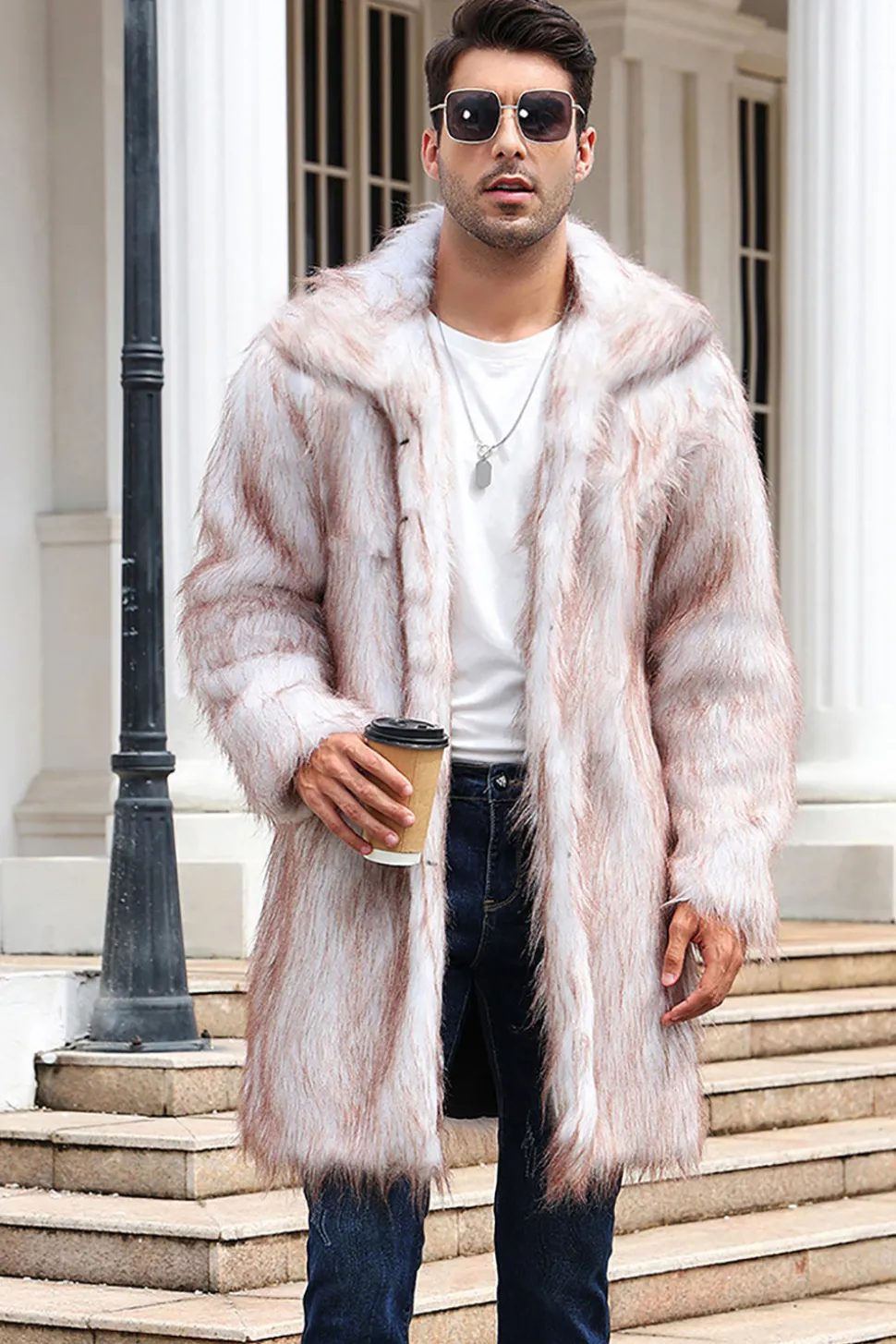 Gola Polo Castanho Frontal Aberta Maxi Faux Fur Coat