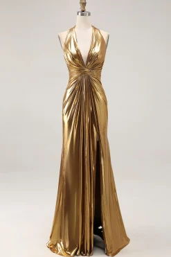 Gold Halter Metalizado Ruched Long Formal Dress wth Fenda