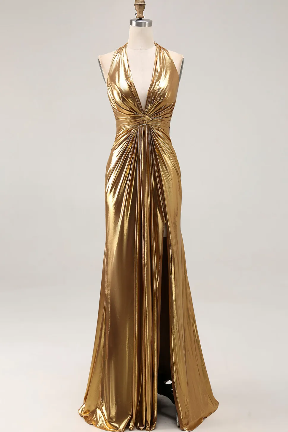 Gold Halter Metalizado Ruched Long Formal Dress wth Fenda