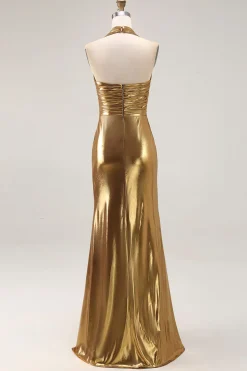 Gold Halter Metalizado Ruched Long Formal Dress wth Fenda