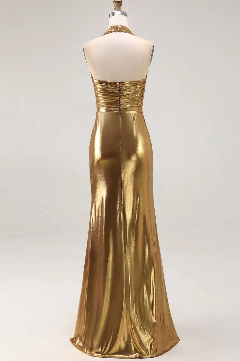 Gold Halter Metalizado Ruched Long Formal Dress wth Fenda