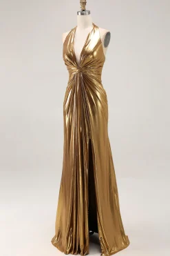Gold Halter Metalizado Ruched Long Formal Dress wth Fenda