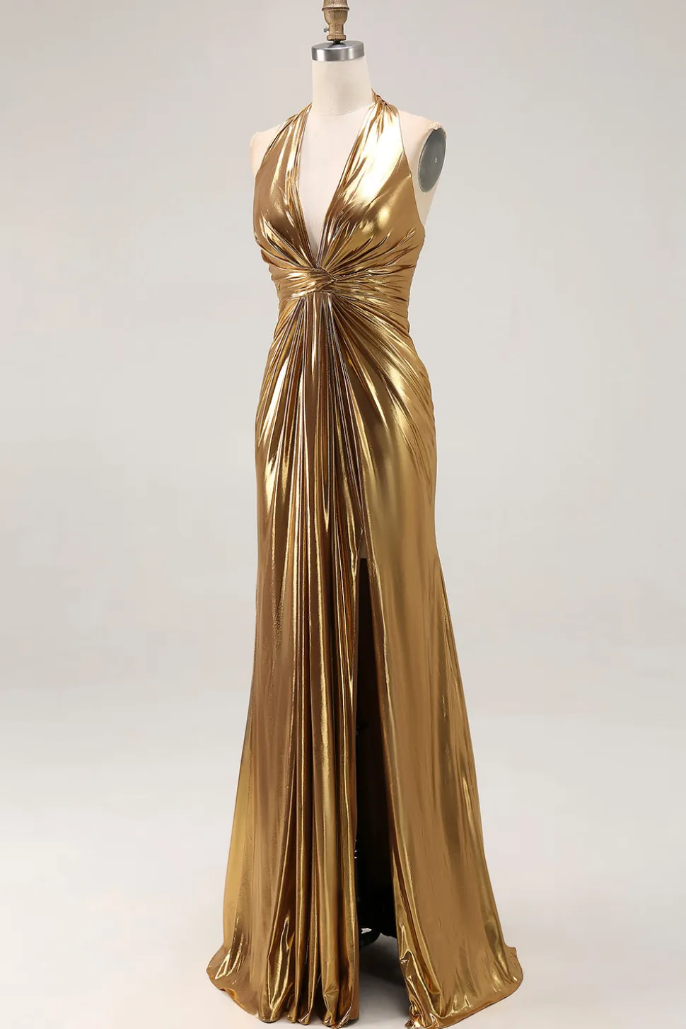 Gold Halter Metalizado Ruched Long Formal Dress wth Fenda