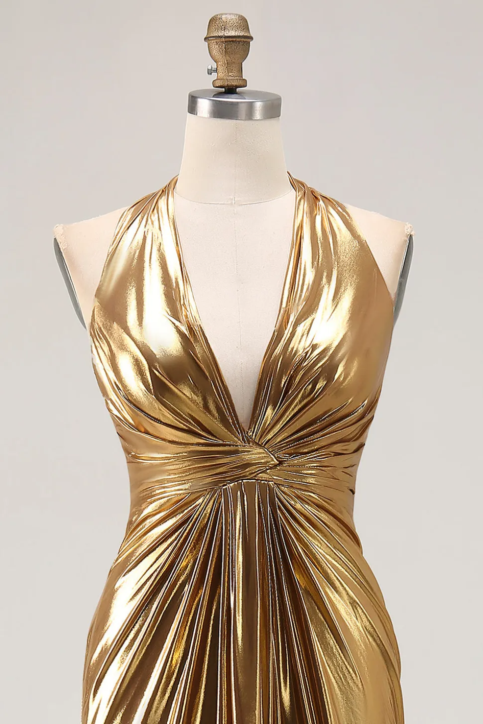 Gold Halter Metalizado Ruched Long Formal Dress wth Fenda