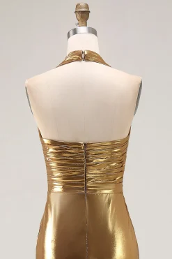 Gold Halter Metalizado Ruched Long Formal Dress wth Fenda
