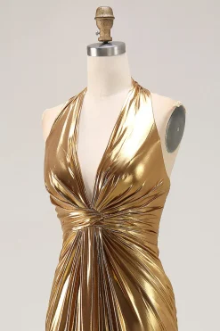 Gold Halter Metalizado Ruched Long Formal Dress wth Fenda