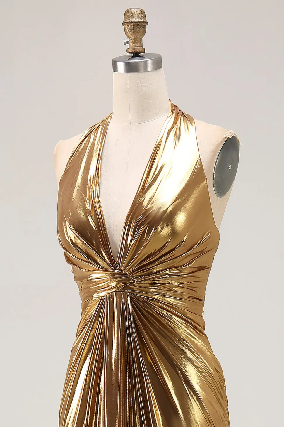 Gold Halter Metalizado Ruched Long Formal Dress wth Fenda