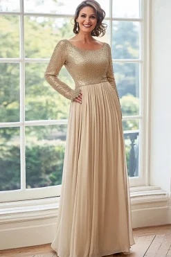Golden A Line Chiffon Plissado Mãe do Vestido da Noiva com Mangas Longas