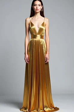 Golden A Line Deep V-Neck Backless Ruched Prom Dress