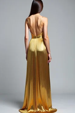 Golden A Line Deep V-Neck Backless Ruched Prom Dress