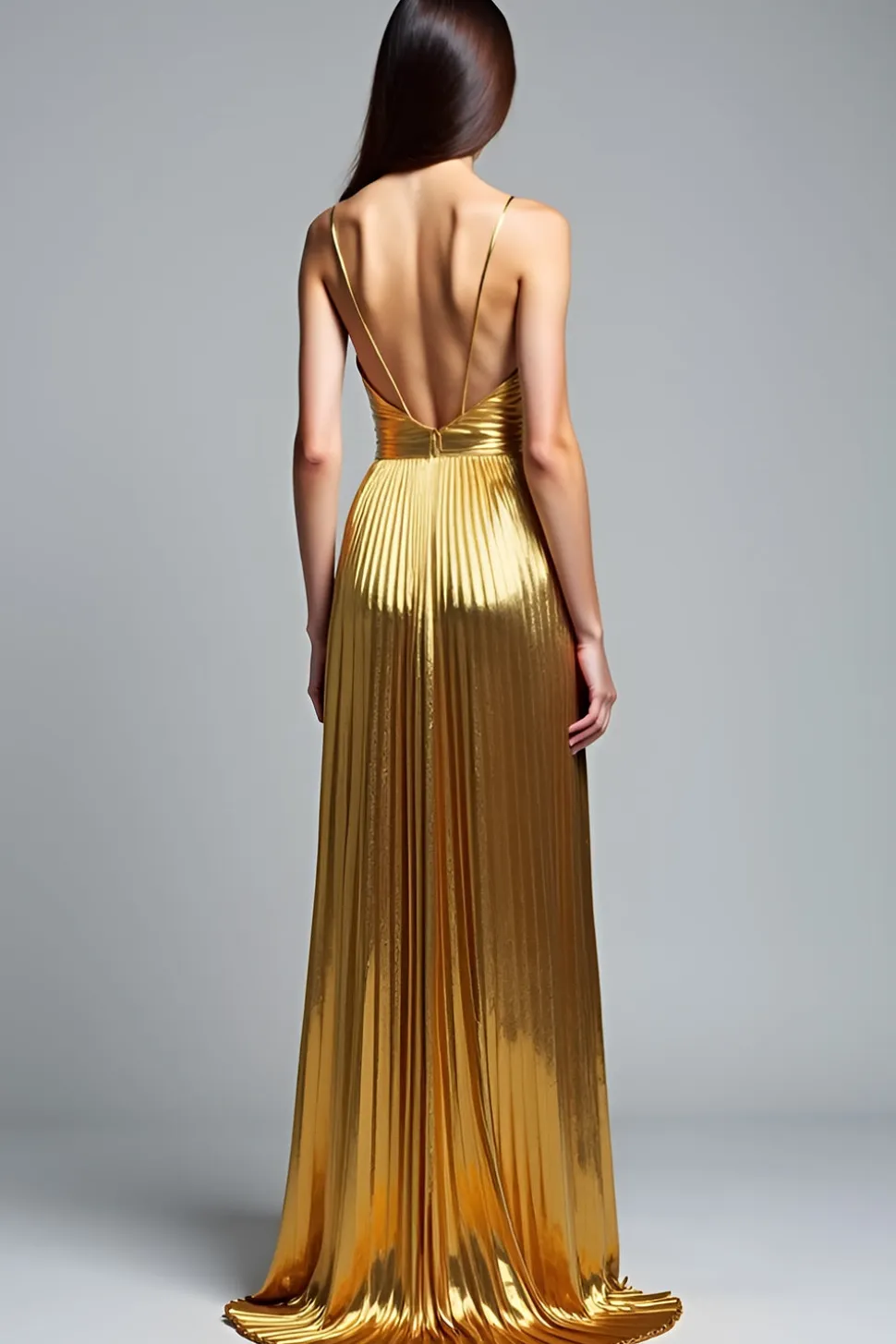 Golden A Line Deep V-Neck Backless Ruched Prom Dress