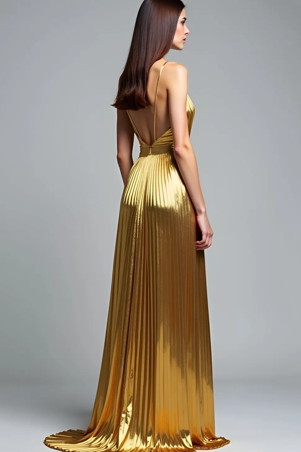Golden A Line Deep V-Neck Backless Ruched Prom Dress