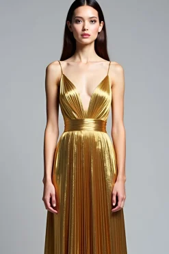 Golden A Line Deep V-Neck Backless Ruched Prom Dress