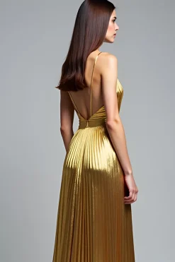 Golden A Line Deep V-Neck Backless Ruched Prom Dress