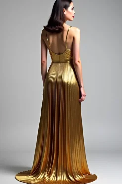 Golden A Line Espaghetti Correias Ruched Prom Dress