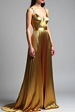 Golden A Line Espaghetti Correias Ruched Prom Dress